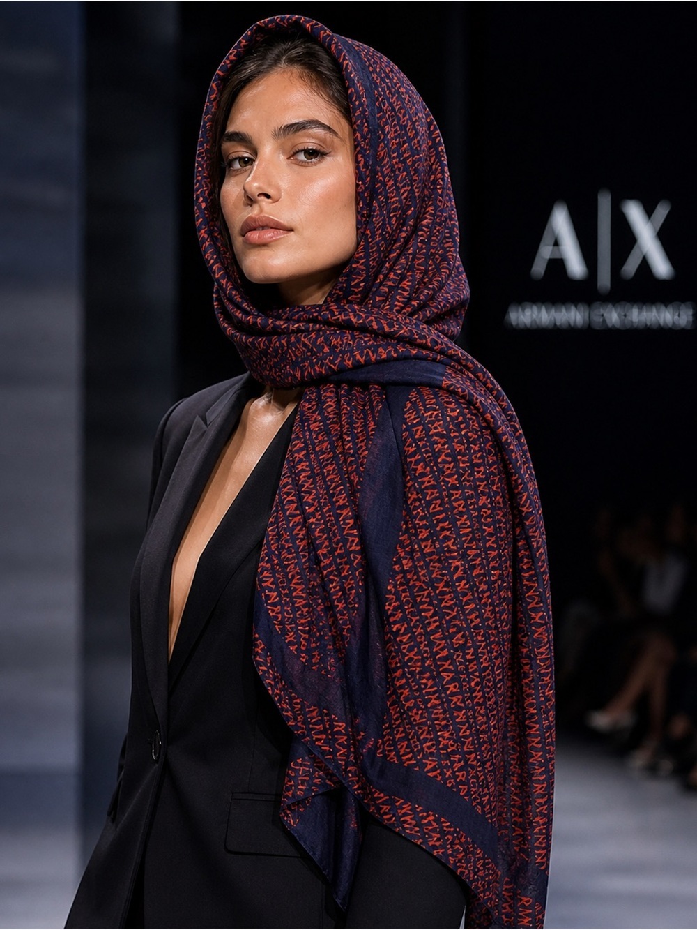 Armani Exchange Navy Red Logo Print Scarf Shawl Wrap 69”x36” Oversized  RARE EUC